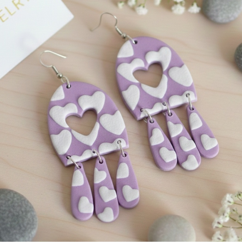 Heartfall Dangle - Handmade Clay Earrings - Valentine’s Day - Purple & White